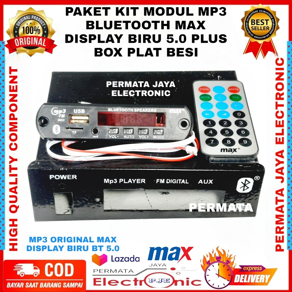 PAKET KIT MODUL MP3 BLUETOOTH MAX DISPLAY BIRU 5.0 PLUS BOX PLAT BESI
