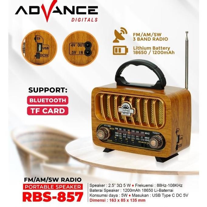 SPEAKER ADVANCE RBS-857 RADIO ANTIK PORTABLE SPEAKER SUPPORT BLUETOOTH 2,5 INCH BERGARANSI RESMI 1 T