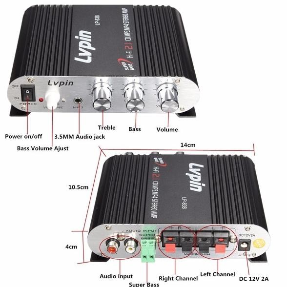 Amplifier Mini Hifi Stereo Amplifier Treble Bass Booster 12V Lp-838Bla Original