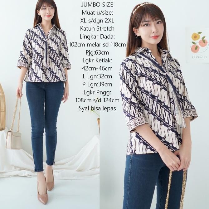 TERBARU ATASAN BATIK WANITA MODERN BAJU KERJA BLUS KERAH KEMEJA FREE SYAL