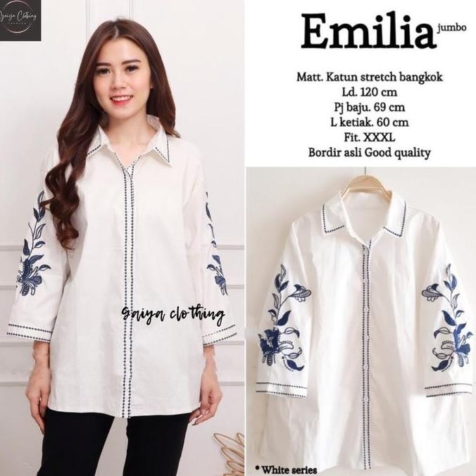 EMILIA JUMBO - KEMEJA PUTIH BORDIR WANITA Katun Stretch Atasan Baju Kerja