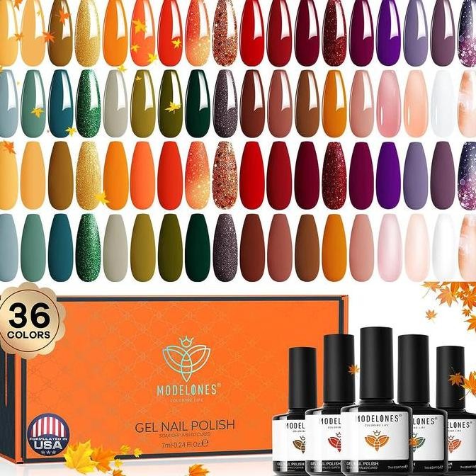Modelones 36 Pcs Set Gel Polish Maroon Orange Hijau Ungu Glitter Jelly Warna Berubah Cat Kuku Starte