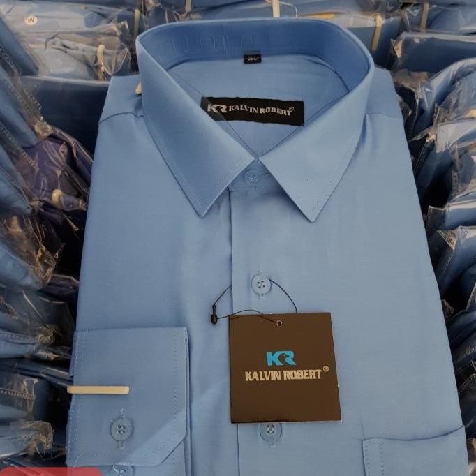 Promo Kemeja Polos Pria Biru Laut Lengan Panjang