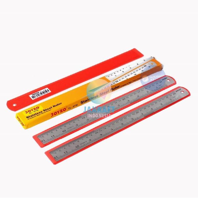 

siap kirim (12 pcs) grosir penggaris besi joyko rl-st30 angka huruf cetak grafir laser stainless steel ruler panjang 30 cm kokoh murah anti karat | pack