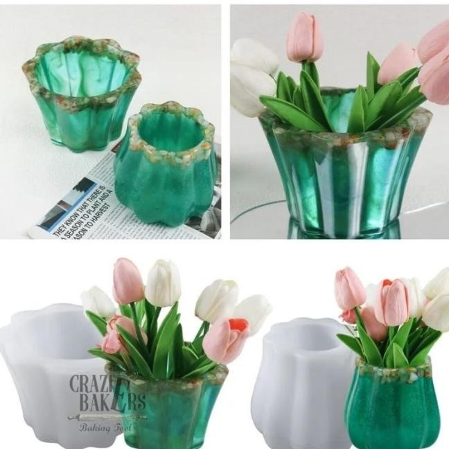 CETAKAN SILIKON RESIN VAS BUNGA LACE WAVE FLOWER POT PEN HOLDER  BESAR