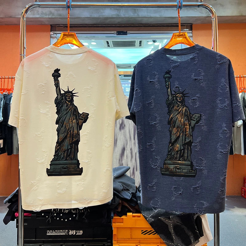Kemeja Pria Lengan Pendek Cetak Patung Liberty Tinggi yang Diproses T Baju Kaos