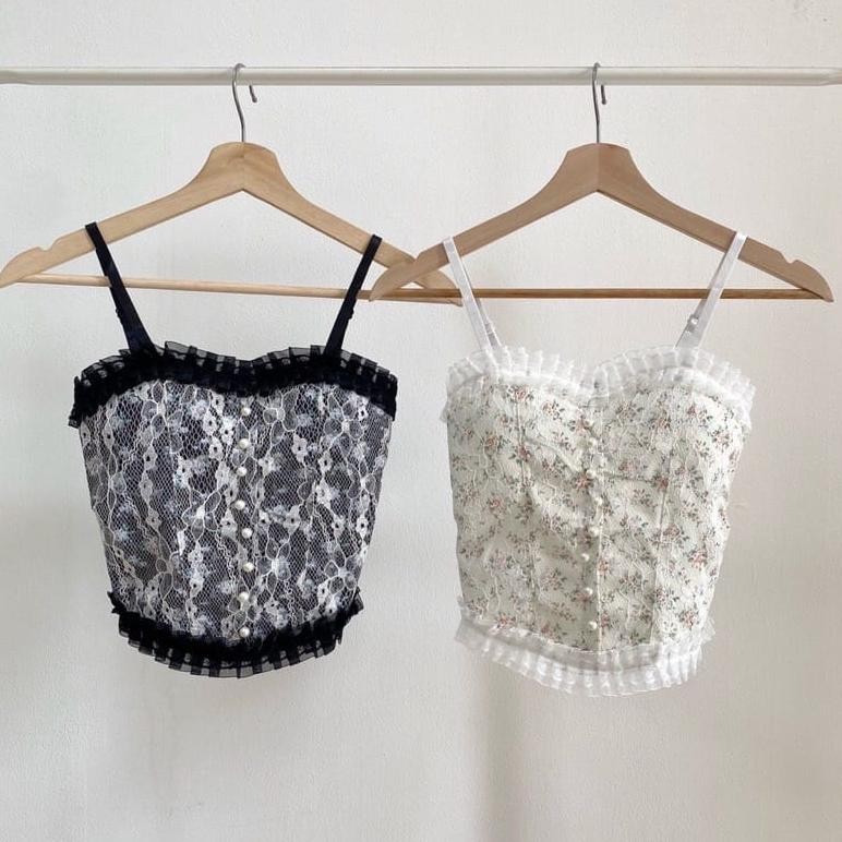 Korean Lace Pearl Floral Tank Top Atasan Wanita Import All Size 1131