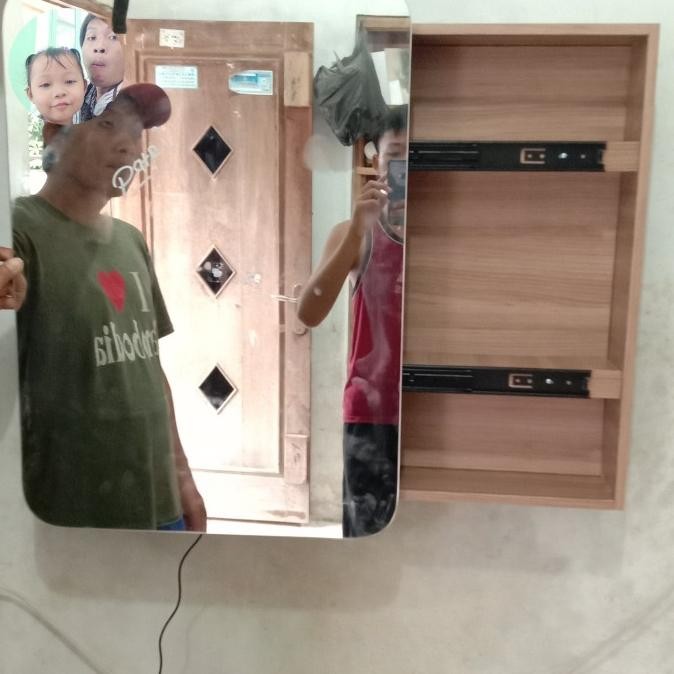 NEW Mirror Led Cermin Dinding Kamar Mandi Cermin bulat Dengan Kabinet