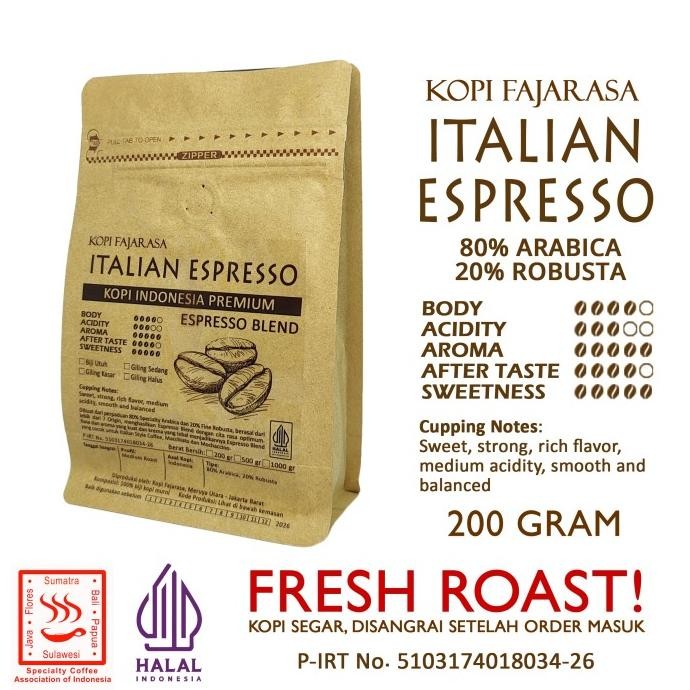 

Grosir Kopi Fajarasa Italian Espresso Biji Kopi Espresso Blend 200 Gram