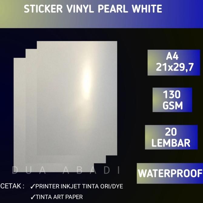 

ready STICKER VINYL INKJET pearl white A4 isi 20 lembar waterproof/stikerPET murah