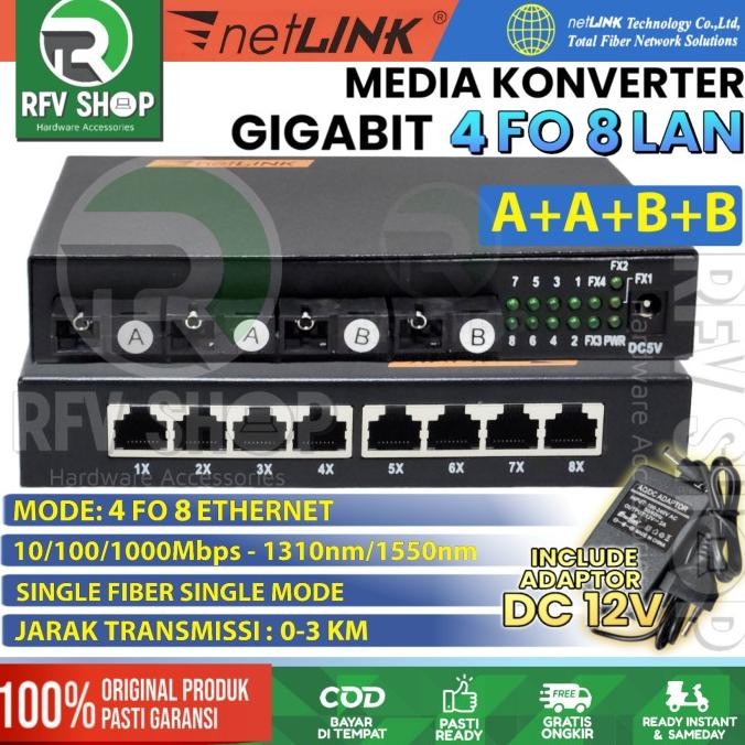 GIGABIT MEDIA CONVERTER 4 FO 8 LAN FIBER OPTIK SWITCH KONVERTER HTB