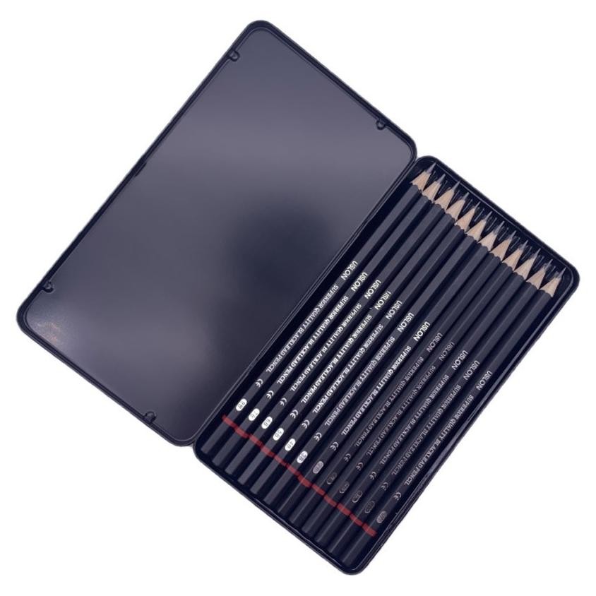 

Premium 12 psc Set Pensil Sketsa Dng Kotak Logam Arang Graphite Grafit Profesional art alat lukis gambar High Quality