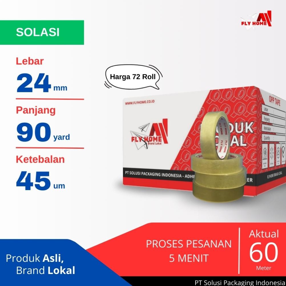 

FLYHOME Lakban kecil Solasi 90yard 1/2 dus 24mm x 90yard 72 roll selotip 90 yard ECO murah