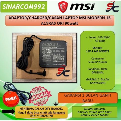 Adaptor/Charger/Casan Laptop Msi Modern 15 A15Ras Ori 90Watt New Stok