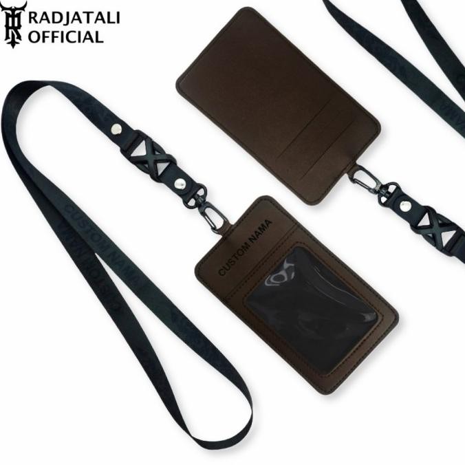 

new !!! Lanyard Kulit Holder ID Card Custom Nama Grafir Leather - Dark Brown murah