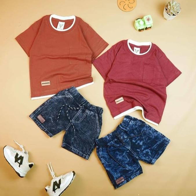 BRAVEKIDS - SETELAN KAOS POCKET TWO LAYER POLOS ANAK COTTON COMBED 24S CELANA DENIM FASHION
