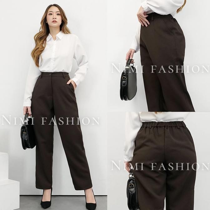 NIMI - CELANA BAHAN KERJA WANITA KANTORAN PINGGANG KARET SISI BELAKANG