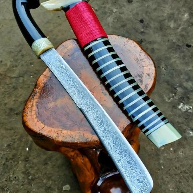 Golok Tbas Baja Damascus Super Tajam Full Tanduk New Stok