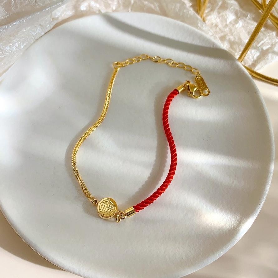 Gelang Kaki Titanium Tali Merah Kekberuntungan Fashion Korea Vintage Elegan Premium Gold Anti Karat