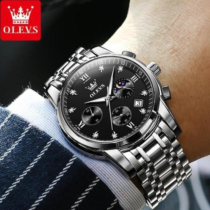 Olevs Jam Tangan Pria Anti Air Original Kuarsa Bercahaya Kronograf Mewah Multifungsi Stainless Steel