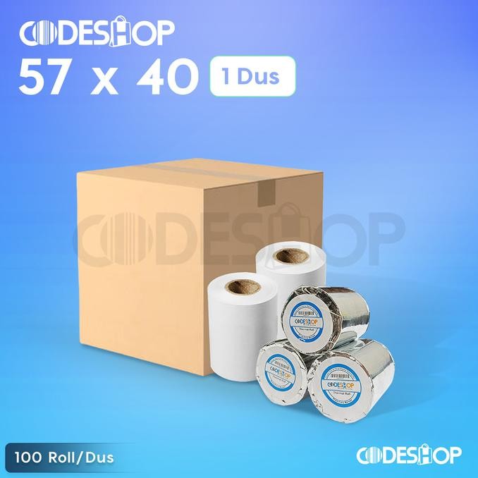 

TERBARU - 1 Dus Kertas Thermal Codeshop 57 x 40 100Roll/Dus Warna Hitam