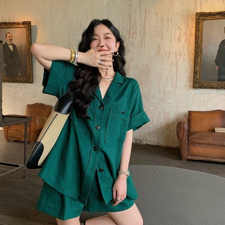 Set Kemeja Linen Tipis Lengan Pendek Kemeja Katun Linen Artistik Celana Pendek Kaki Lebar Set Dua Ba