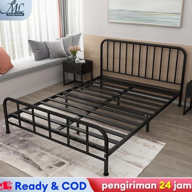 Tempat Tidur Besi 180cm Tempat Tidur Berkualitas Hitam&Putih  Ranjang Ganda Tidur Ganda Tempat Tidur