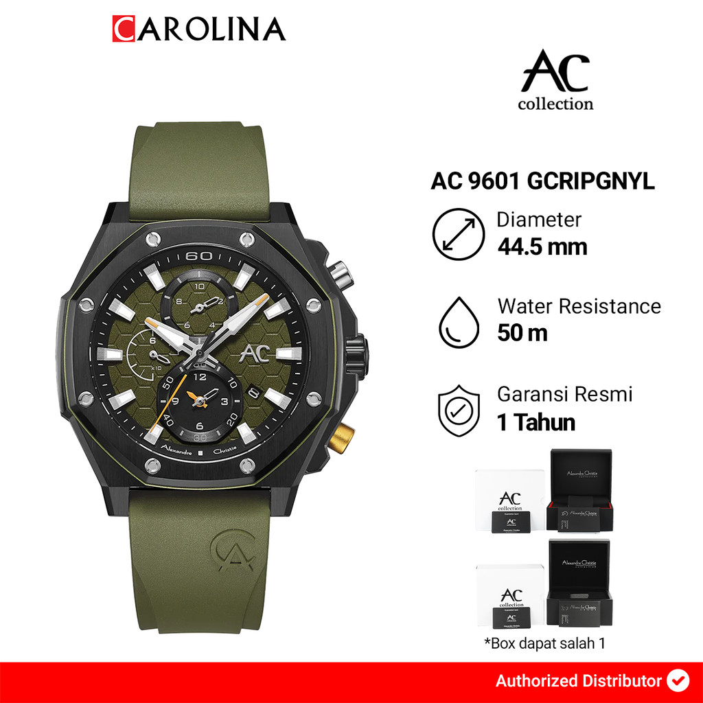 Jam Tangan Pria Alexandre Christie Chronograph AC 9601 GCRIPGNYL Black Dial Green Rubber Strap