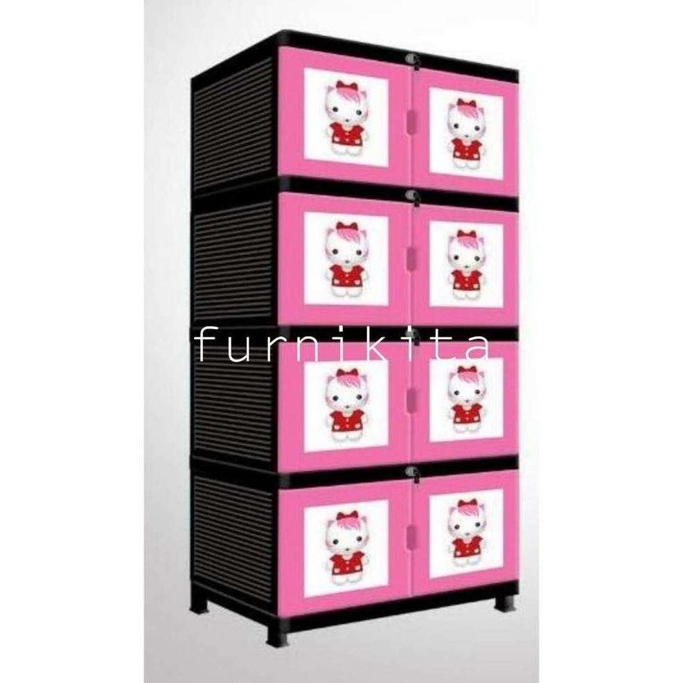 LEMARI PLASTIK SUSUN 4 FULL KUNCI HELLO KITTY KARAKTER PRINCESS