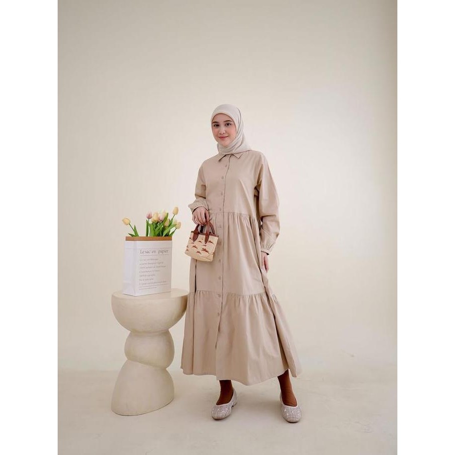 ANESKA MIDI DRESS Kheva Mauza - Gamis Polos Wanita Model Kancing Poplin