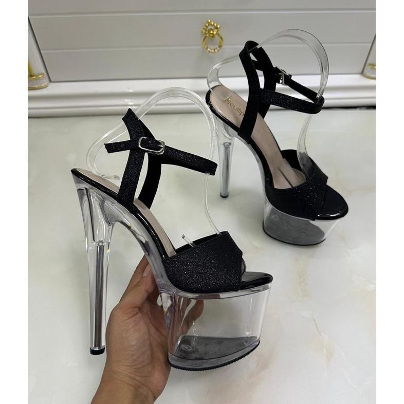 High heels kaca transparan 17,5 cm glitter import premium