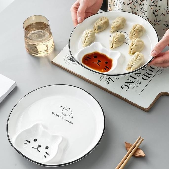 HARGA DISC - Piring Makan / Saji Dimsum Saus Kucing Keramik / Dumpling Plate Sauce