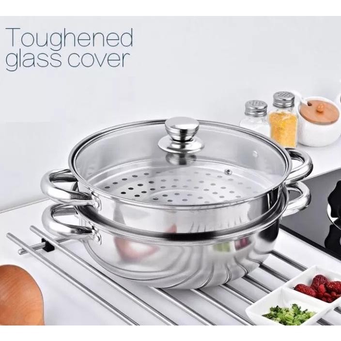 Panci Kukus Serbaguna Steamer 3 Tingkat Tutup Kaca Panci Somay Panci Kukus Dimsum Kukusan