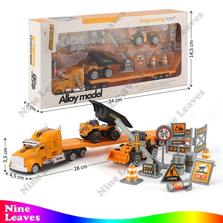 DIECAST Mobil Skala Hot Wheels 1:64 Truk Trailer Muat 28 cm + Kendaraan Konstruksi 2 Pcs + Acc 1:58 