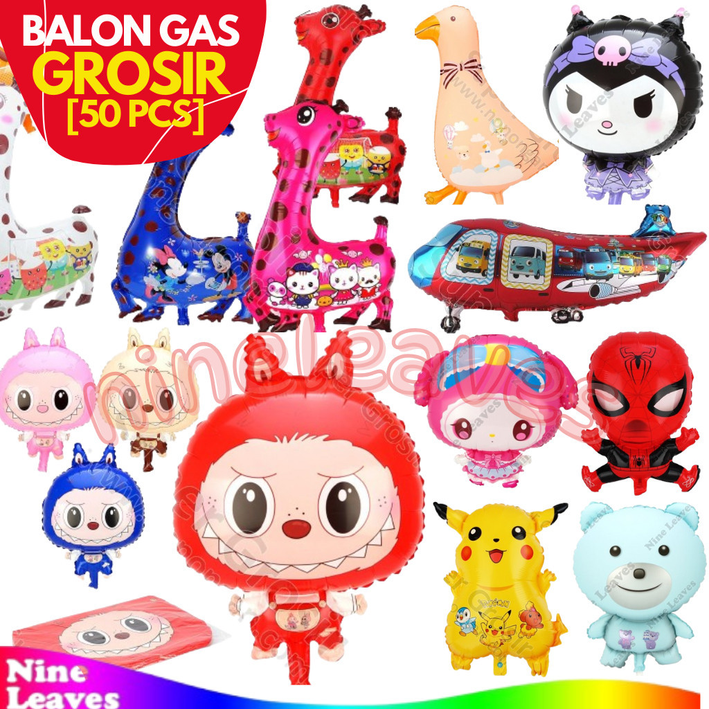 [Grosir 50 Pcs] Balon Gas Karakter Labubu Kuromi Sanrio Helikopter Hello Kitty Doraemon LOL Pokemon 
