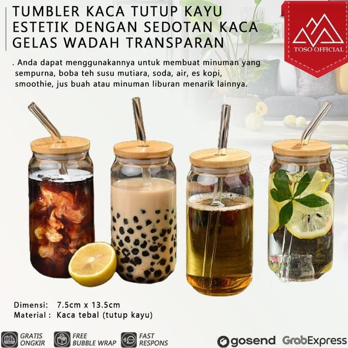 Ready TUMBLER KACA TUTUP KAYU DENGAN SEDOTAN GELAS KOPI TEH GELAS KALENG