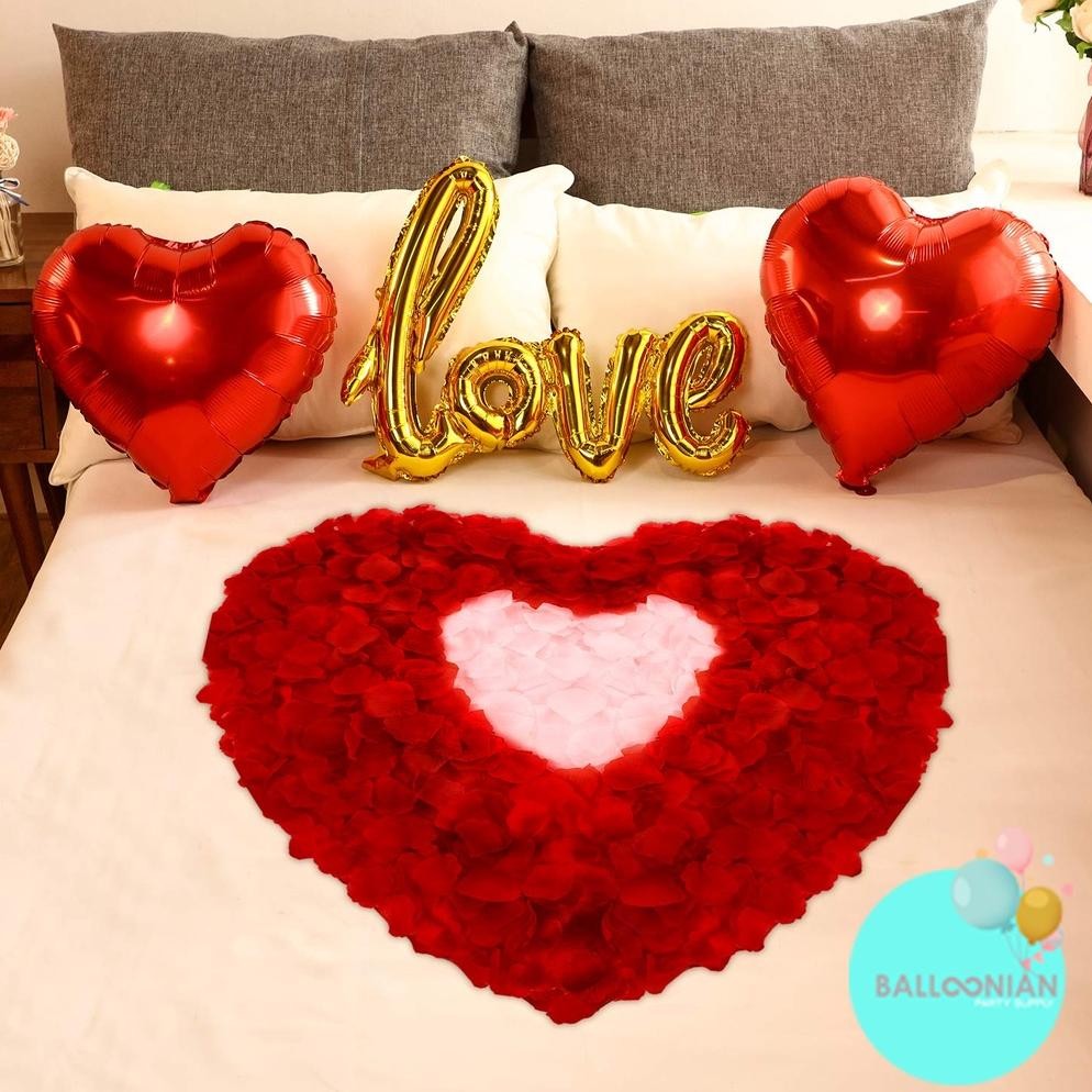 LOVE SAMBUNG & ROSE PETAL DEKORASI SET/DEKORASI VALENTINE/HAPPY WEDDING/ANNIVERSARY/BALON FOIL HATI