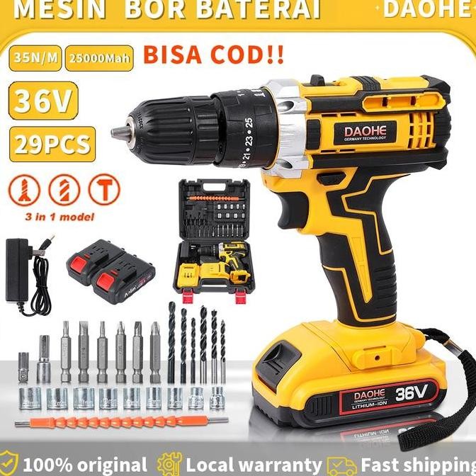 DAOHE Mesin Bor Baterai 36vf 25+3 Cordless Impact Lengkap 2 Baterai Fullset Koper 35NM 10MM Chuck 10