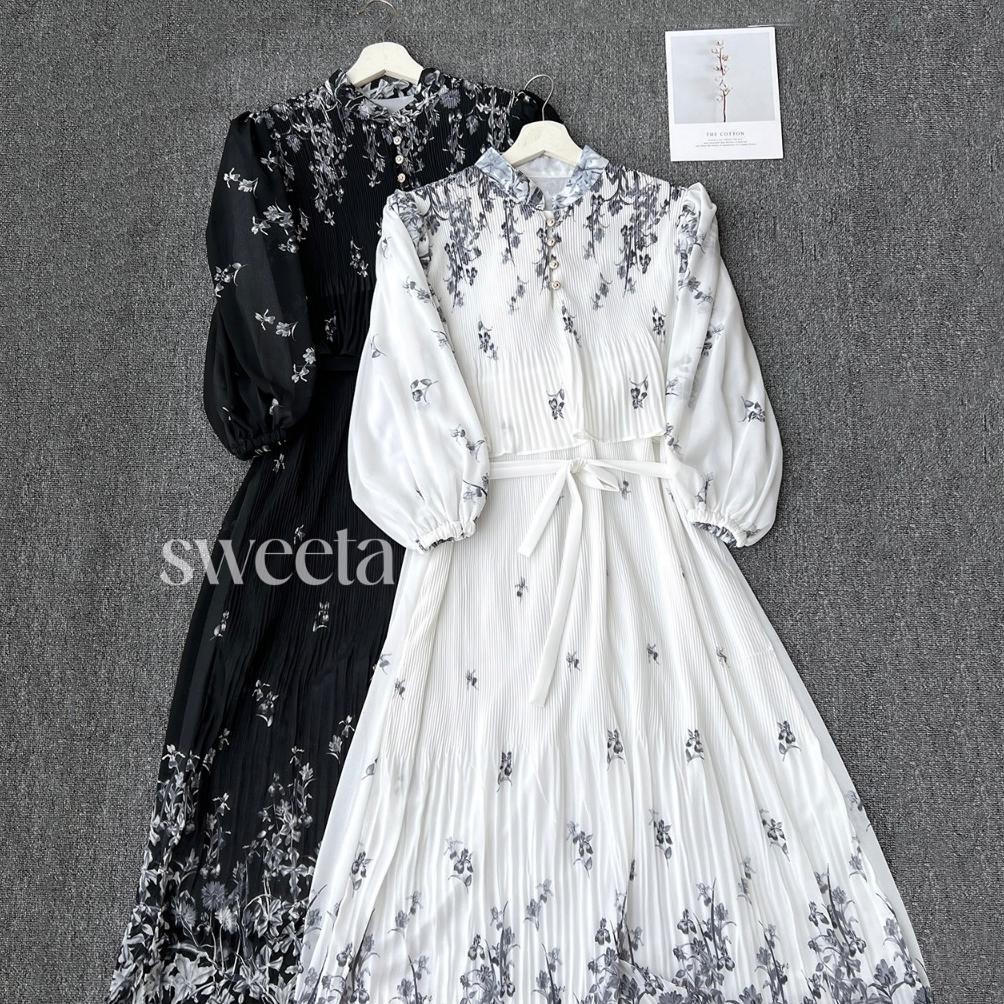 BEST SELLER SWEETA | MIDI DRESS PLISKET DOUBLE LAYER LENGAN BALON  | LD 105CM | CERUTY FULL FURING |