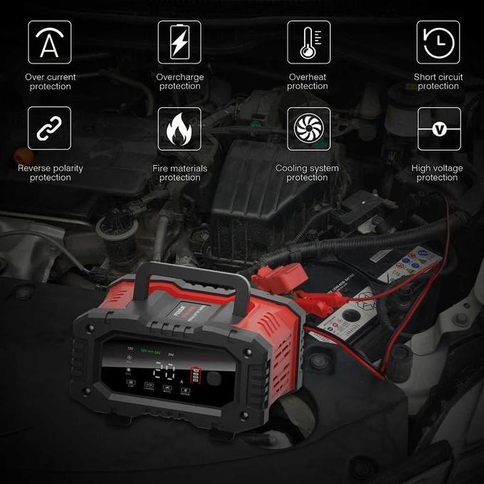 FOXSUR CHARGER BATERAI AKI MOBIL MOTOR PORTABLE 10A 150W 12/24V