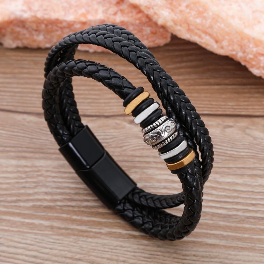 Gelang Kulit Geometri Emas Vintage Multiplayer Gelang 3In1 Gelang Pria