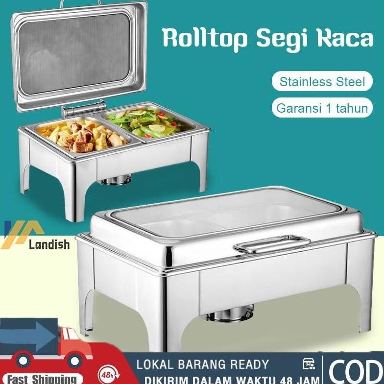 Prasmanan Jumbo 2 Sekat Rolltop Segi Kaca Catering 12L Stainless Steel Chafing Dish Pemanas Bulat pr