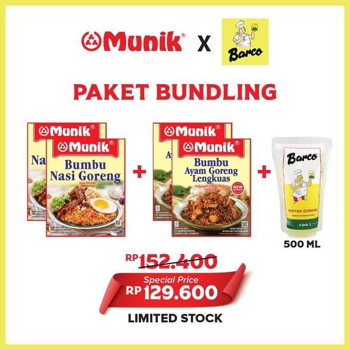

/////] Paket Bundling 2 Bumbu Munik Nasi Goreng + 2 Bumbu Munik Ayam Goreng Lengkuas + Minyak Barco 500ml