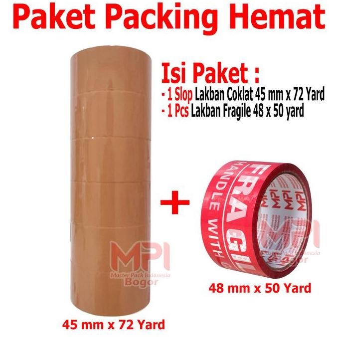 

Promo PAKET PACKING HEMAT - 1 SLOP Lakban Bening - Coklat MPI 45 mm x 72 yard + 1 Pcs Lakban Fargile 48 mm x 50 yard - MPI Bogor COD