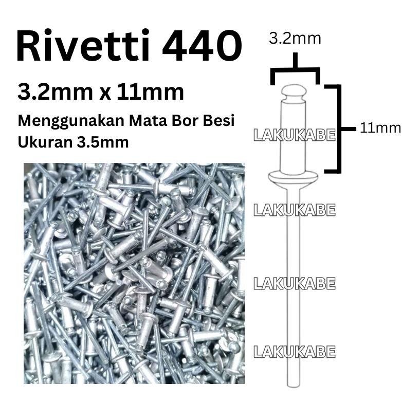 ND 1 Kotak Paku Rivet Merk Rivetti 440 Ukuran 3.2mm X 11mm Isi 1000 Pcs