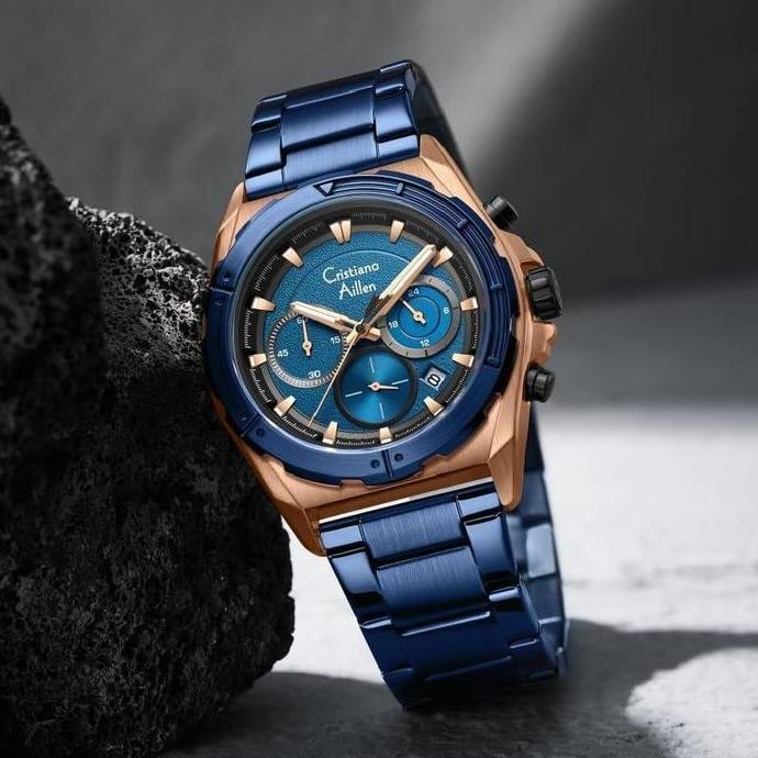 Grosir Diskon Cristiano Aillen Jam Tangan Pria Analog 8901 Rantai Stainless Steel Chronograph Kaca S