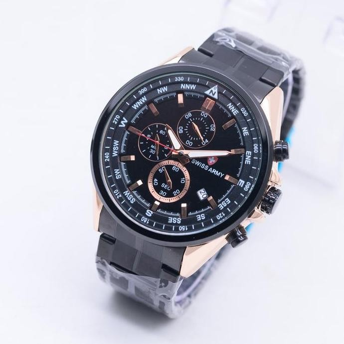Murah Jam Tangan Pria Swiss Army Tali Kulit Chrono & Tanggal Aktif