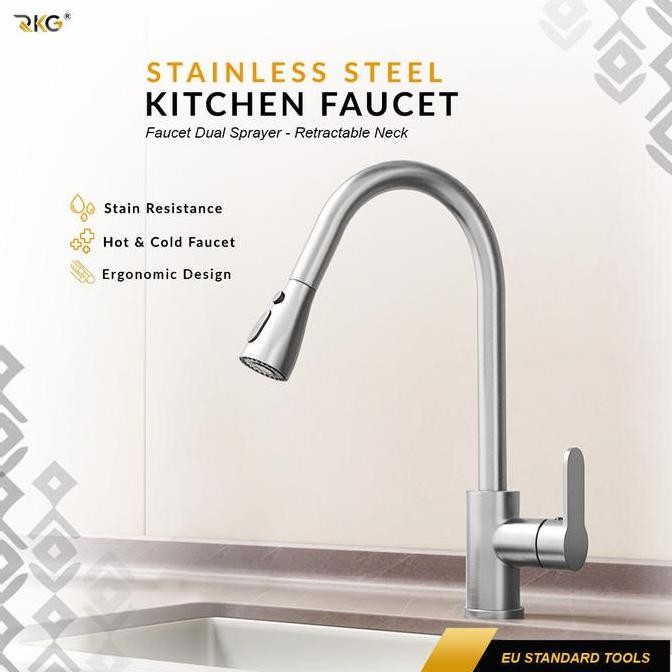 Tersedia RKG Kran Angsa Tarik Fleksibel Kitchen Faucet Dual Sprayer