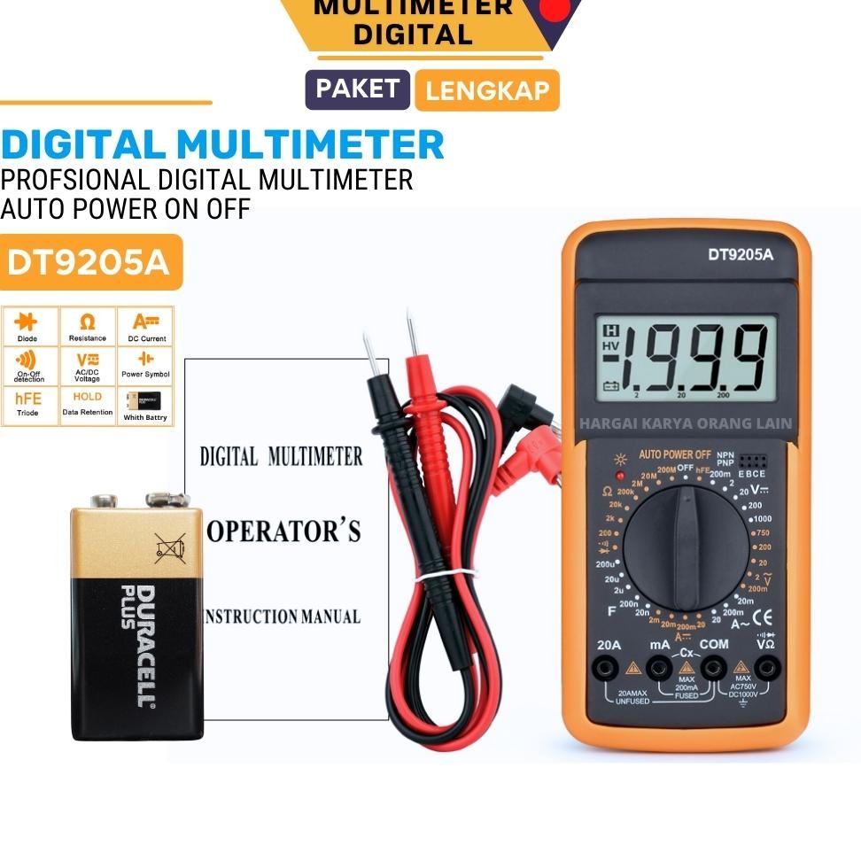 YZ MULTITESTER DIGITAL MULTIMETER AVOMETER DT-9205A WINNER DT-9205A Multimeter Digital Paket Lengkap