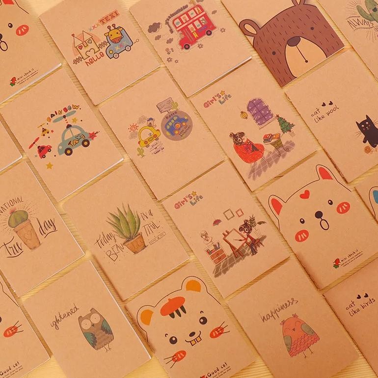 

10Pcs /Set Cactus Cat Fox Bear Owl Kraft Retro 64K Notebook Mini Pocket Notepad School Office Supplies Stationery